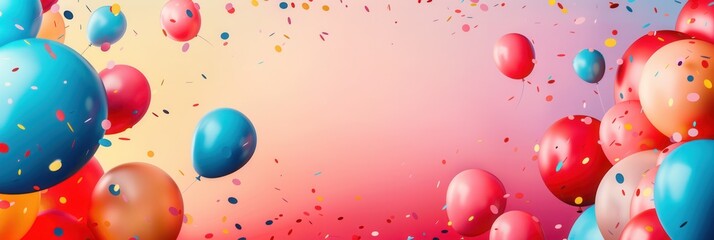 Poster - Colorful balloons and confetti fill the background, creating a festive atmosphere perfect for parties and celebrations. Generative AI