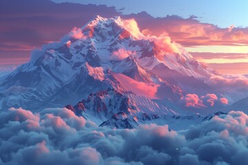 Poster - Majestic Mountain Peak Rising Above Clouds at Sunset