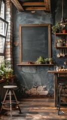 Wall Mural - Cozy kitchen with an empty chalkboard on the wall