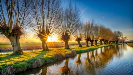 Backlight image of skew growing pollard willows in a Dutch polder landscape. The phot was taken in the Zonzeelse Polder near the village of Wagenberg, North Brabant.