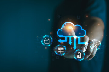 Fototapete - Tech Consultant pointing to cloud computing diagram. Cloud technology, Data storage, Online data management system, information system for business, Networking and internet service concept. Cloud tech