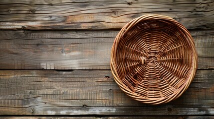 Sticker - Round wicker basket on a weathered wooden surface with space for text viewed from above