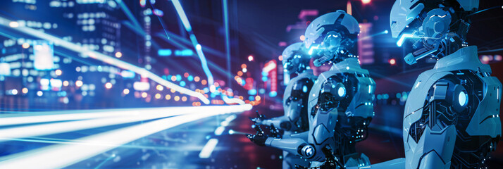 white glowing humanoid three robots with blue eyes hands holding tablet standing write side position, with connect high speed lines data flow on blue, with blurred bokeh and buildings on background