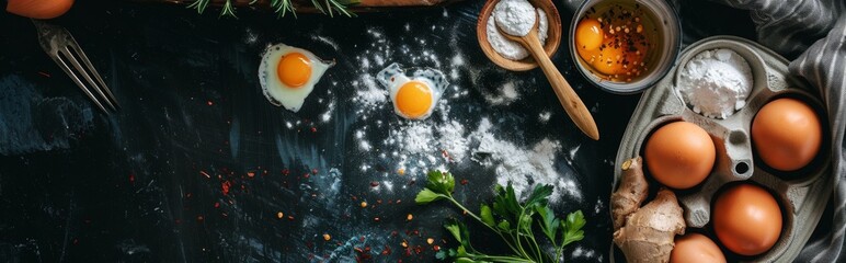 Top view of cooking ingredients on a dark rustic table
