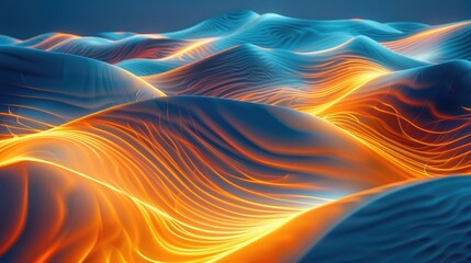 Wall Mural - Abstract glowing orange lines sweep across serene blue sand dunes.