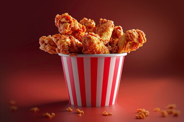 Crispy fried chicken in a white and red striped bucket, red background, commercial photography