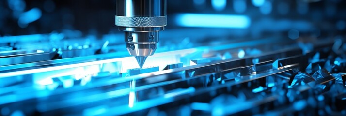 Poster - Precision cnc machining  metal sheet cut with clean edge, focus on falling shavings