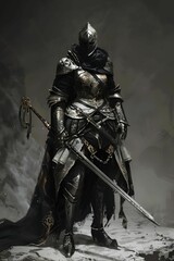 Poster - AI illustration of a warrior in full medieval armor holding a sword, standing on a snowy ground