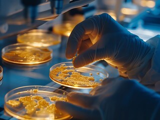 Poster - Close-Up of Gloved Hand Examining Petri Dishes in a Laboratory