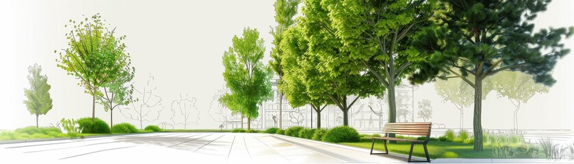 Peaceful park with lush green trees and an empty bench on a sunny day, perfect for relaxation and outdoor activities.