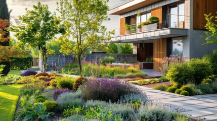 Poster - A contemporary home with a beautifully designed landscape featuring a variety of flowering plants and a stone pathway leading to the front entrance