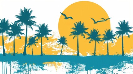 Aufkleber - minimalistic silhouette of palm trees against a bright yellow sunset over a tropical beach. ideal fo