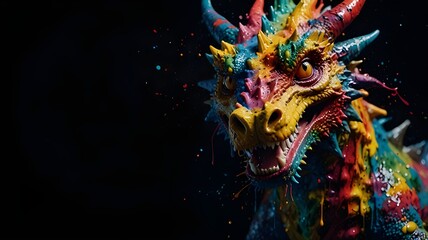 A dragon with a bright tone of colors on the face and mouth on black ocher background..