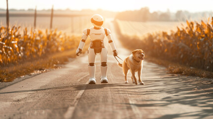 Poster - A white humanoid robot walks a golden retriever on a leash down a paved road lined by rows of corn. The sun is setting in the background, casting a warm glow on the scene