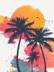 Poster - A simple and vibrant image of palm tree silhouettes against a sunset on a tropical beach. Perfect for travel agencies and resorts. Generative AI