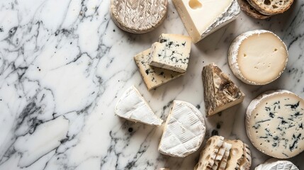 Wall Mural - Aged artisanal cheese arranged on the marble surface.