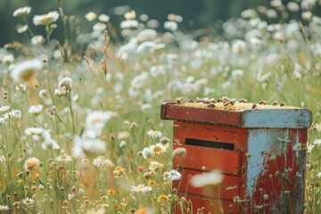 Wall Mural - Red wooden beehive with active honey bees working on a warm sunny day