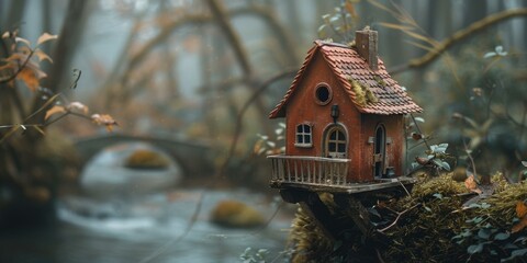 Canvas Print - A miniature house sits on a tree branch in a misty forest. AI.