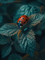 Poster - A red ladybug and a green beetle on a leaf. AI.