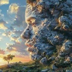 Wall Mural - AI illustration of a surreal landscape of a mountain resembling a human face at sunset