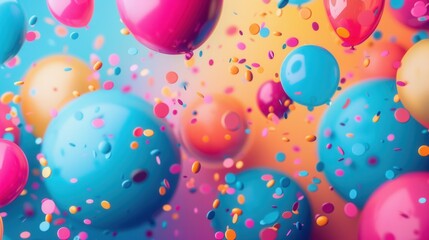 Poster - Brightly colored balloons and confetti float in the air, creating a cheerful and celebratory atmosphere perfect for parties and events. Generative AI