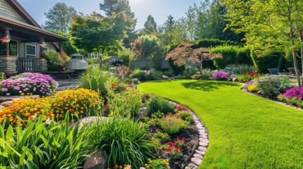 Poster - A picturesque view of a beautifully landscaped backyard, showcasing vibrant flower beds, lush green grass, and a charming house in the background
