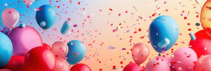 Poster - A vibrant image featuring colorful balloons of various shapes, creating a festive atmosphere. Confetti fills the air, adding to the celebratory mood. Generative AI