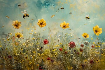 Wall Mural - Oil painting depicting a field of wildflowers with bumblebees flying over them in a summer landscape