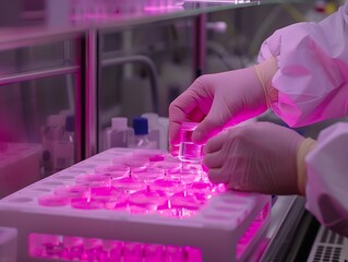 Poster - Close-up of Gloved Hands Handling a Glass Beaker in a Lab