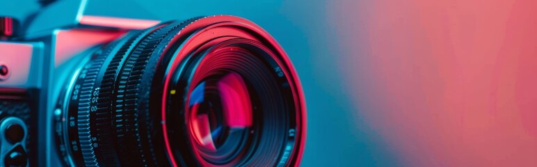 Close-up of camera lens with neon lighting