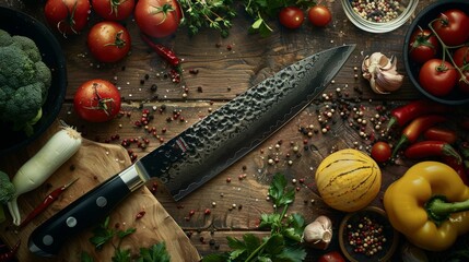 Knife and Ingredients: A beautifully composed shot of a knife laid beside fresh ingredients like herbs, spices, and vegetables, ready for preparation. Generative AI