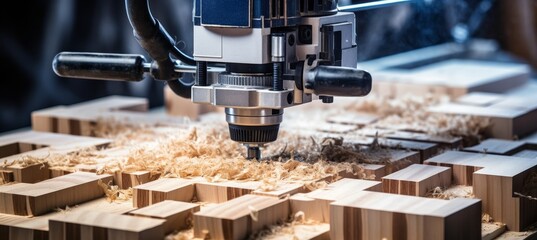 Poster - Detailed closeup of cnc milling cutter carving precise grooves in solid wood block