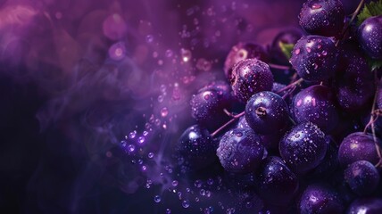 Wall Mural - Close-up of fresh, dewy purple grapes with water droplets in foggy atmosphere