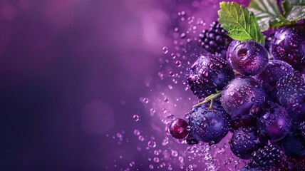 Canvas Print - Fresh purple grapes and berries with water droplets