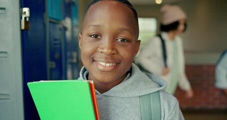 Aufkleber - Smile, school and portrait of boy at locker for education, growth or child development at academy. Campus, face and happy student with backpack, study books and confidence in hallway for learning