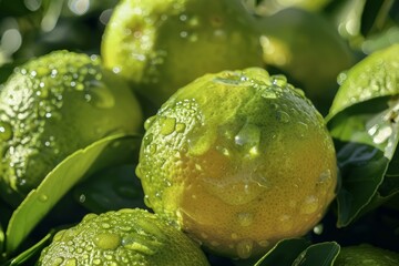 Sticker - Fresh green and yellow tangerines growing on tree in citrus grove orchard