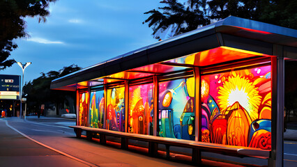 Wall Mural - Sunny by day, bright by night! Beautiful bus shelter mural with solar lights