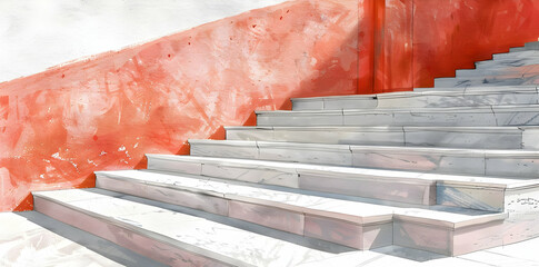 Wall Mural - Watercolor Illustration of Stone Steps with a Red Wall Background