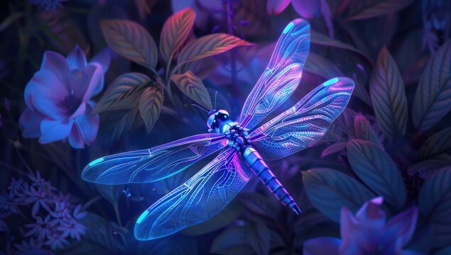 Glowing Dragonfly in a Lush Garden