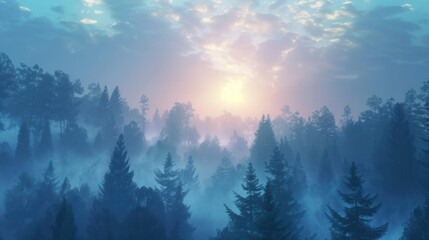 Aufkleber - A serene forest landscape at dawn, with sunlight filtering through the mist. Generative AI