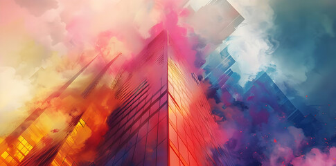 Wall Mural - Abstract Cityscape Illustration - Watercolor Style with Sky and Clouds