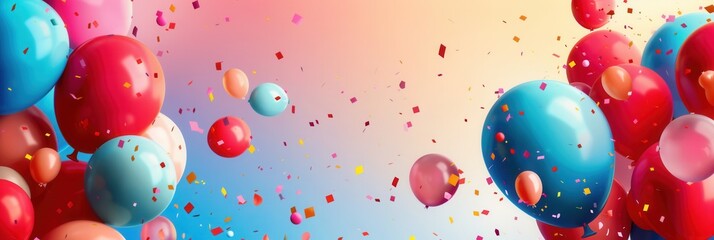 Poster - A vibrant image of colorful balloons floating in the air, with confetti raining down, creating a cheerful and celebratory atmosphere perfect for a party or festive event. Generative AI