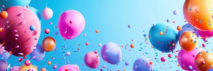 Poster - A cheerful and celebratory scene with various colorful balloons and confetti. Perfect for businesses organizing parties or selling festive goods. Generative AI