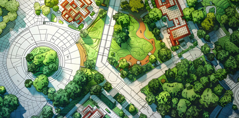 Illustration of a Landscape Design Plan with Trees, Buildings, and Roads