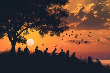 A group of friends enjoy a peaceful sunset on a hilltop, creating a serene and tranquil atmosphere. Perfect for promoting events and social projects. Generative AI