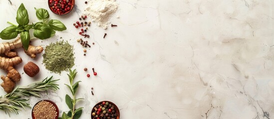 Wall Mural - Herbs and spices on a light background from above with room for text