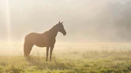 Wall Mural - Solitary horse stands in misty field at sunrise