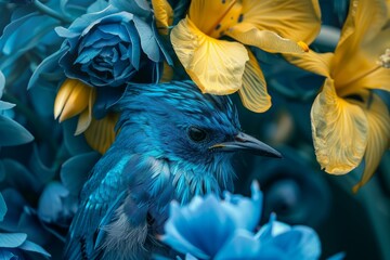 Wall Mural - Blue bird with dark eyes is sitting in a bouquet of yellow and blue flowers
