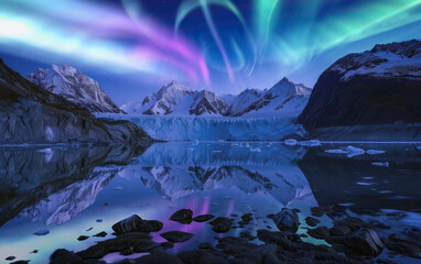 Wall Mural - alaska glacier bay national park aurora above glaciers generative ai