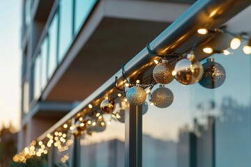 Wall Mural - Festive balcony decoration for Christmas and New Year. Close up of Christmas decoration balls and garland of lights wrapped around balcony railing in modern residential apartment building